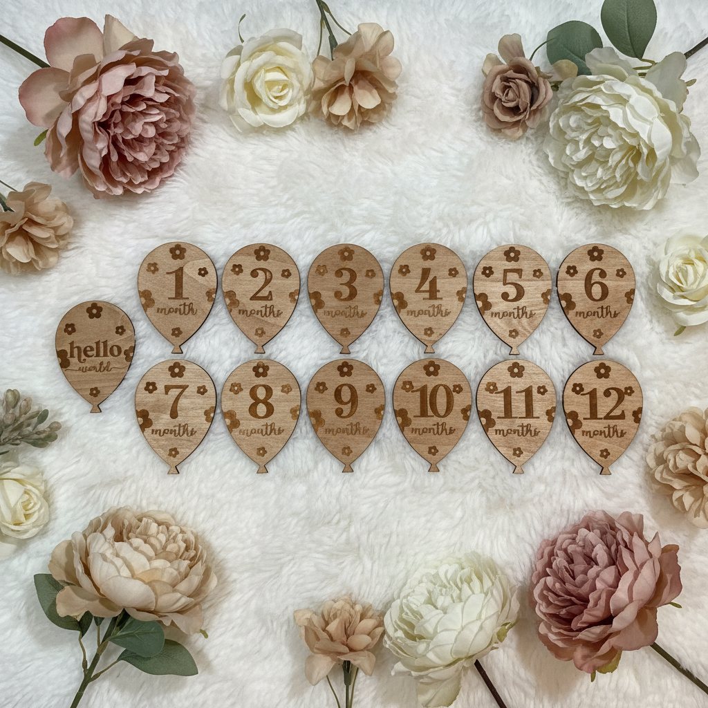 Full set of 13 balloon-shaped laser engraved wood milestone photo props months 1-12 and hello world on soft white blanket