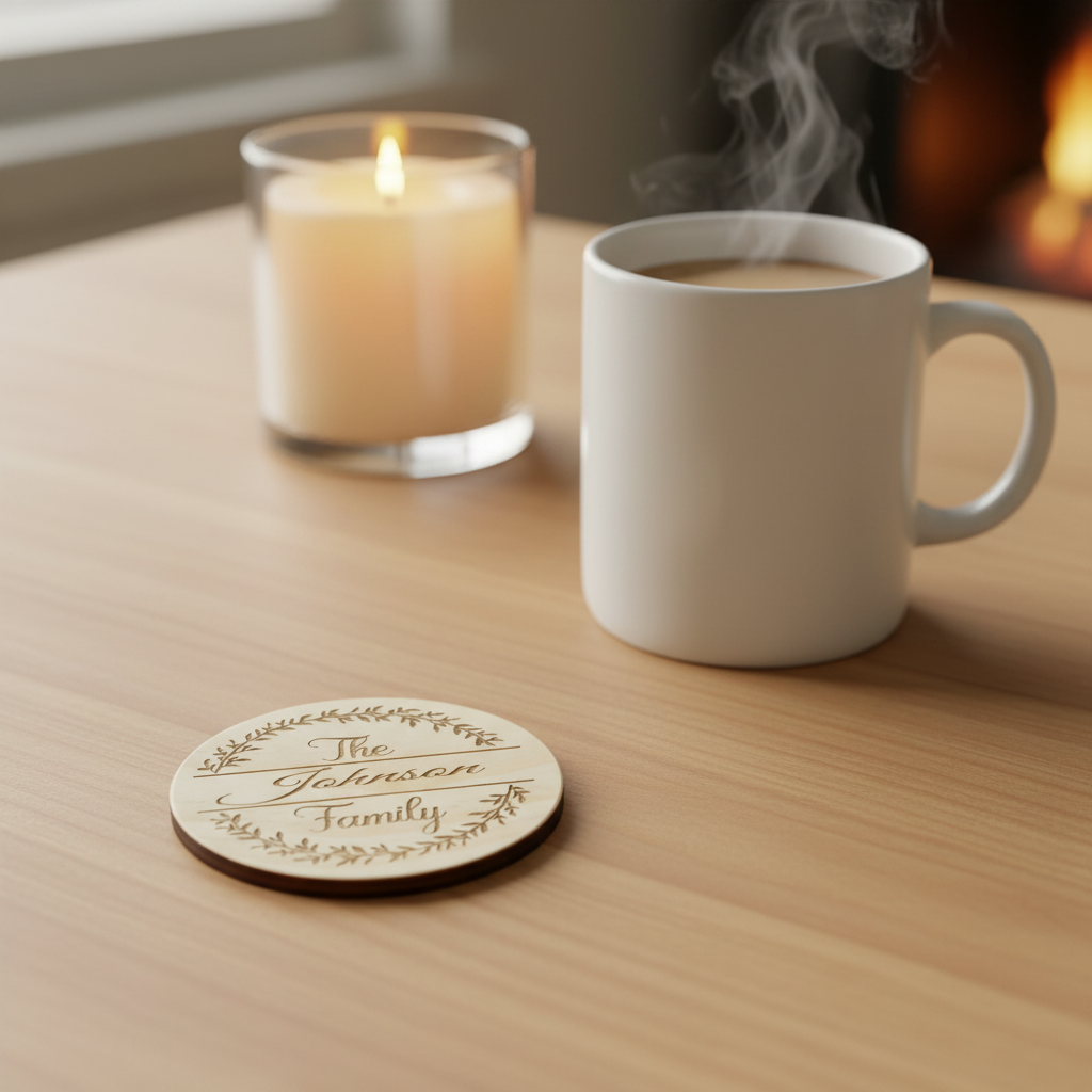 Personalized leafy wreath arc family name wood coaster lifestyle photo