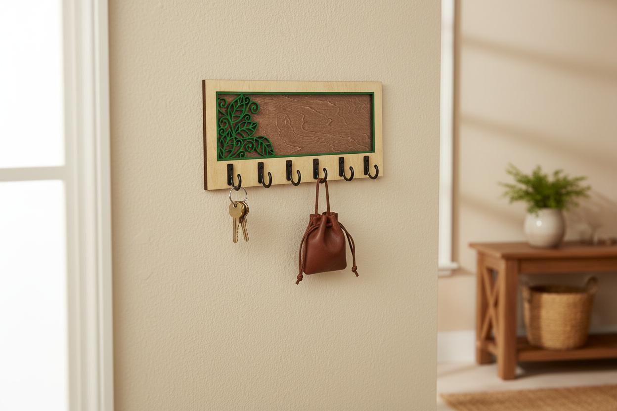 Botanical leaf laser cut wood key hanger with 6 hooks mounted in entryway lifestyle photo