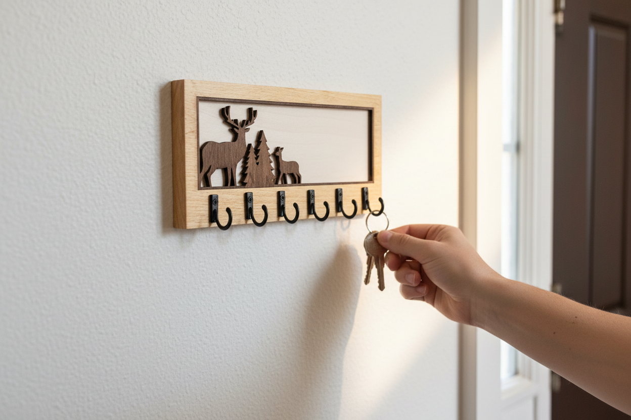 Woodland buck laser cut wood key hanger with 6 hooks mounted in rustic cabin entryway lifestyle photo with hand for scale
