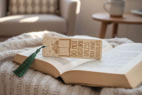 Do Not Disturb Unless You Have Chocolate laser engraved wood bookmark with dark green tassel resting on open book lifestyle photo
