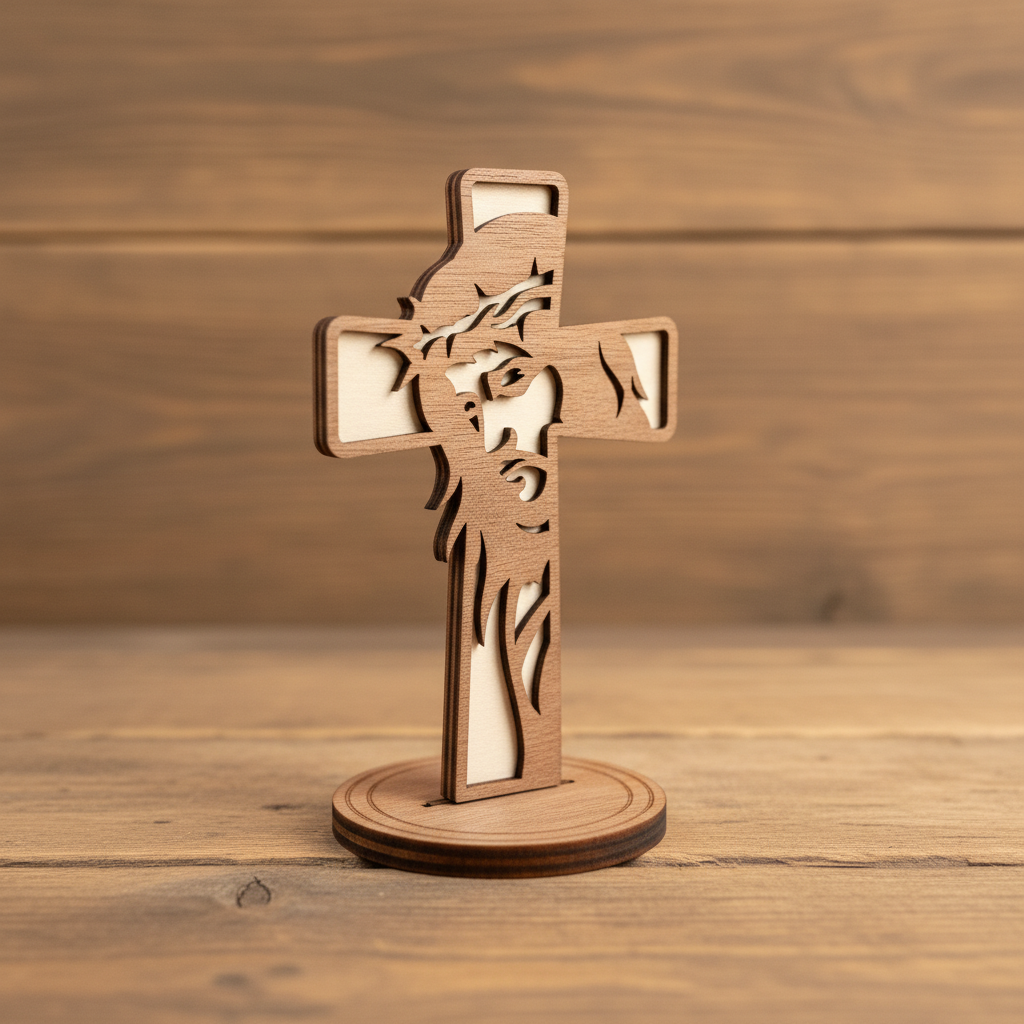 Laser Engraved Wood Cross The Sacred Face with stand on rustic wood surface