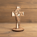 Laser Engraved Wood Cross The Sacred Face with stand on rustic wood surface