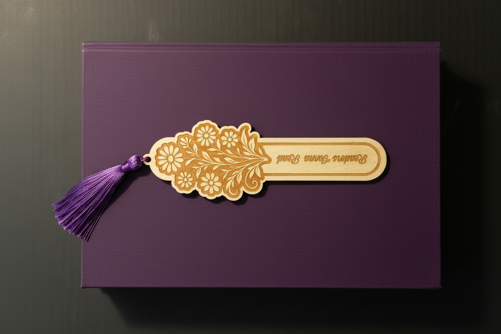 Readers Gonna Read laser engraved wood bookmark with purple tassel flat lay on closed book cover