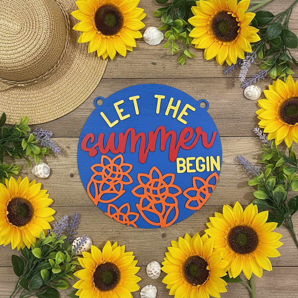 Round blue laser engraved wood sign reading Let the Summer Begin with orange sunflower cutouts, flat lay with summer props