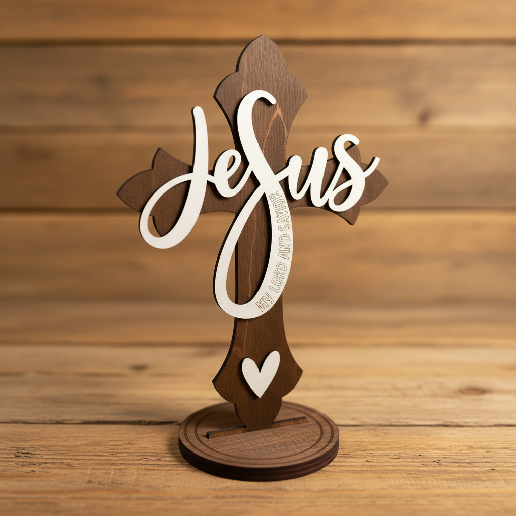 Laser Engraved Wood Cross Jesus My Lord and Savior with matching walnut base on rustic wood surface
