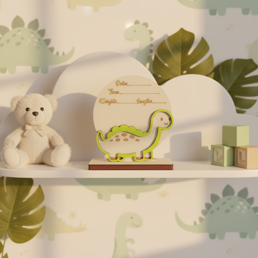 Personalized wood dinosaur birth announcement sign on a nursery shelf with pastel green decor