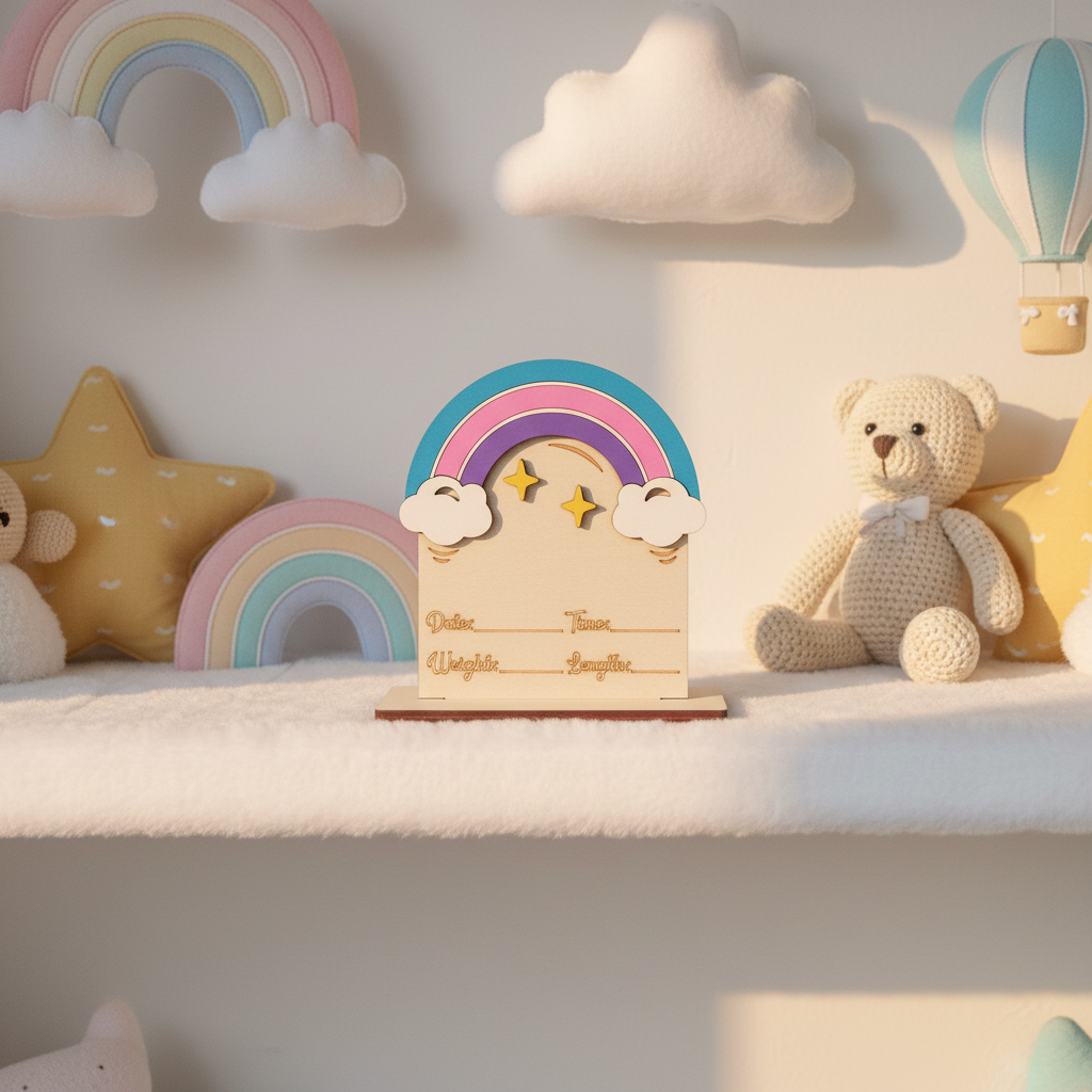 Personalized wood rainbow birth announcement sign on a nursery shelf with pastel rainbow decor
