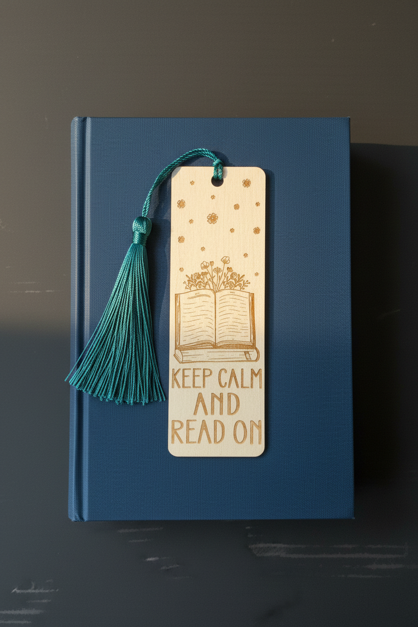 Keep Calm and Read On laser engraved wood bookmark with teal tassel flat lay on closed book cover