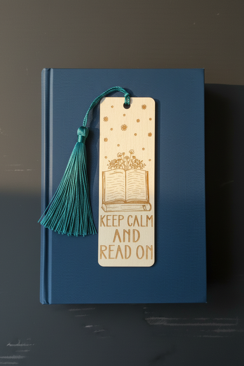 Keep Calm and Read On laser engraved wood bookmark with teal tassel flat lay on closed book cover