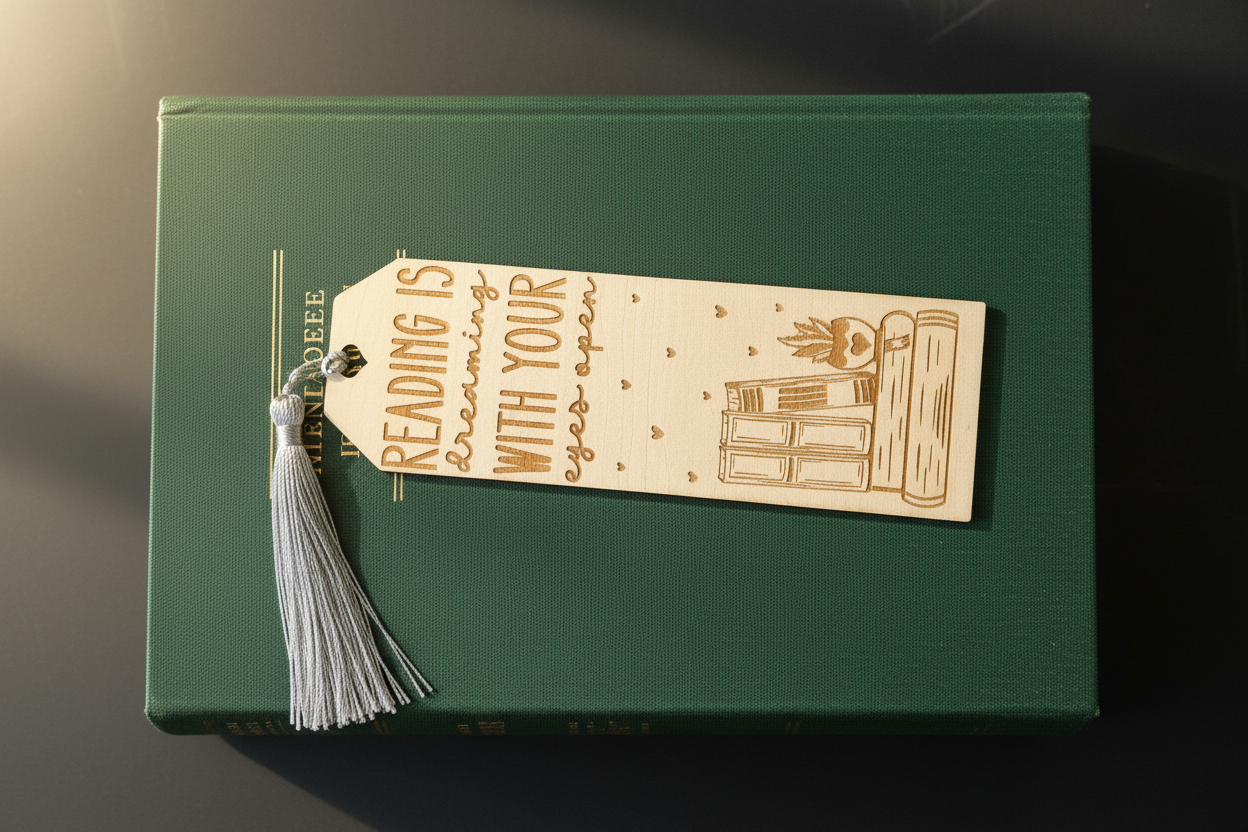 Reading is Dreaming With Your Eyes Open laser engraved wood bookmark with silver tassel flat lay on closed book cover