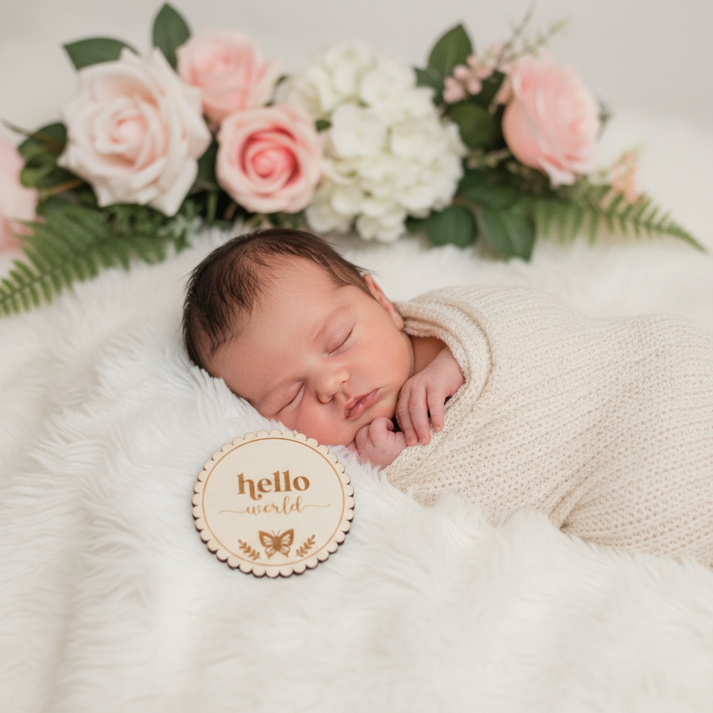 Round wood butterfly hello world disc next to sleeping newborn with pink flowers