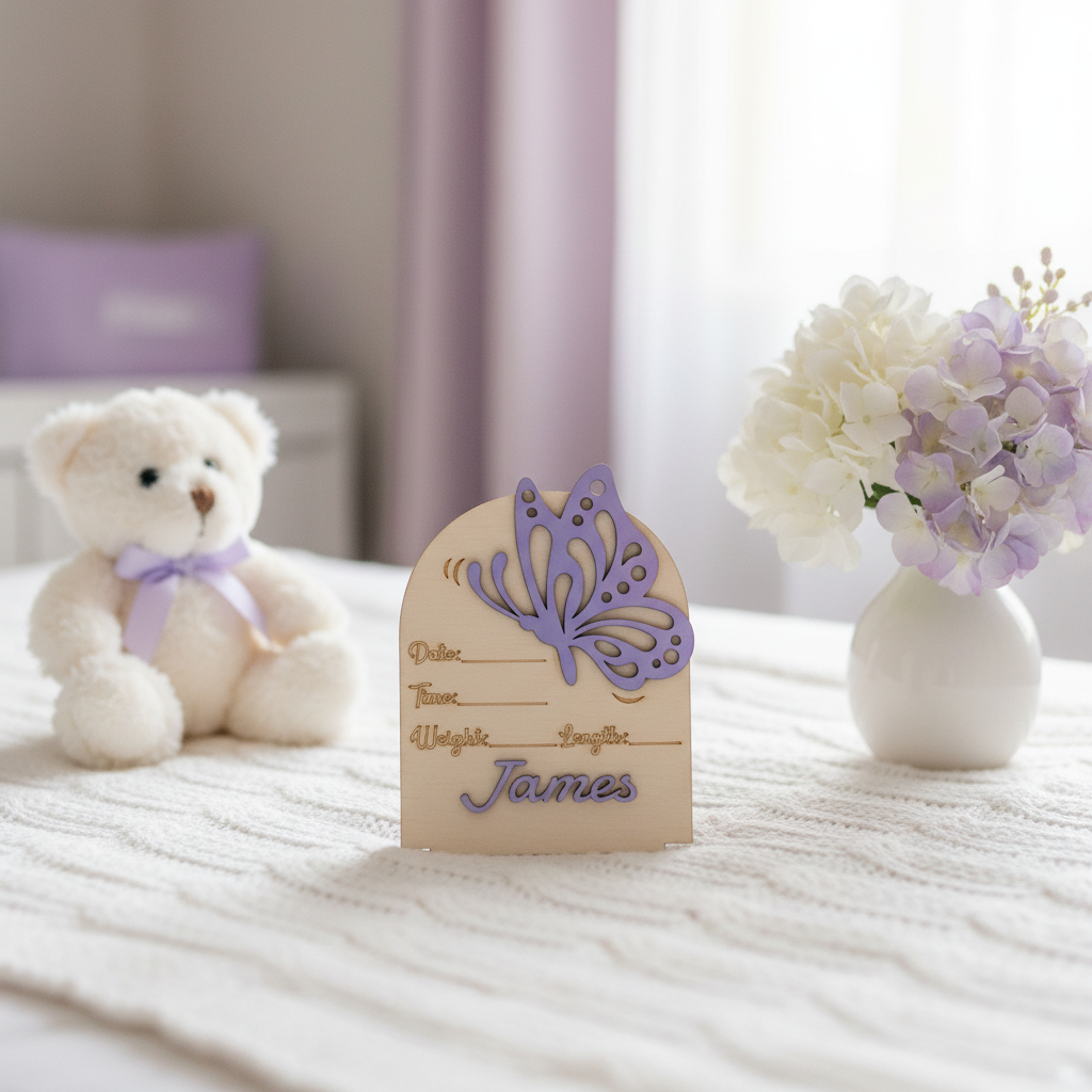 Personalized wood butterfly birth announcement sign with baby name James in pastel nursery setting