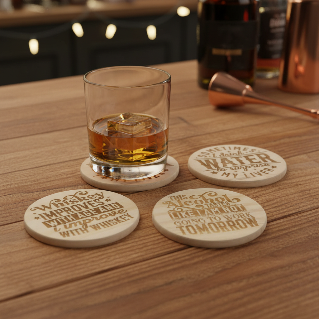 Laser engraved funny drink quote wood coasters lifestyle with whiskey glass on coaster