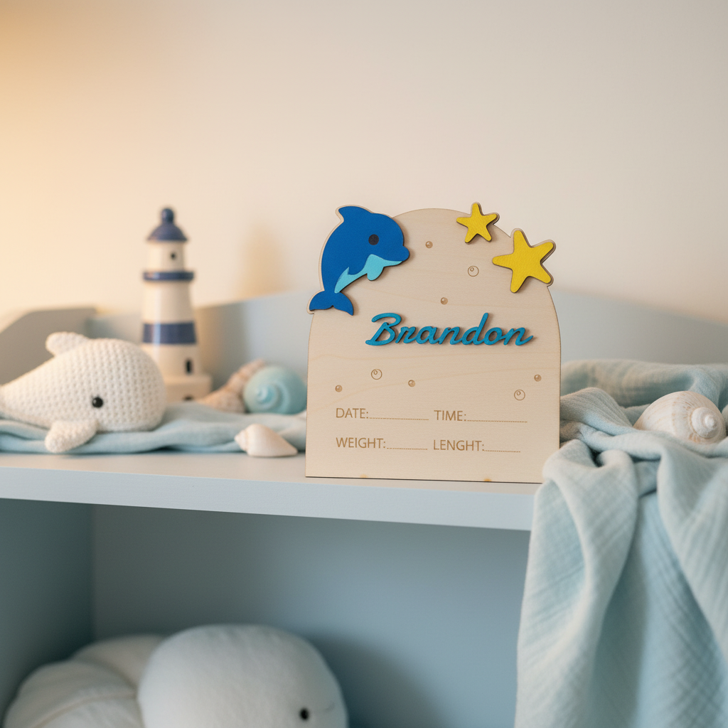 Arched dolphin birth announcement sign with blue dolphin and yellow stars in pastel ocean nursery
