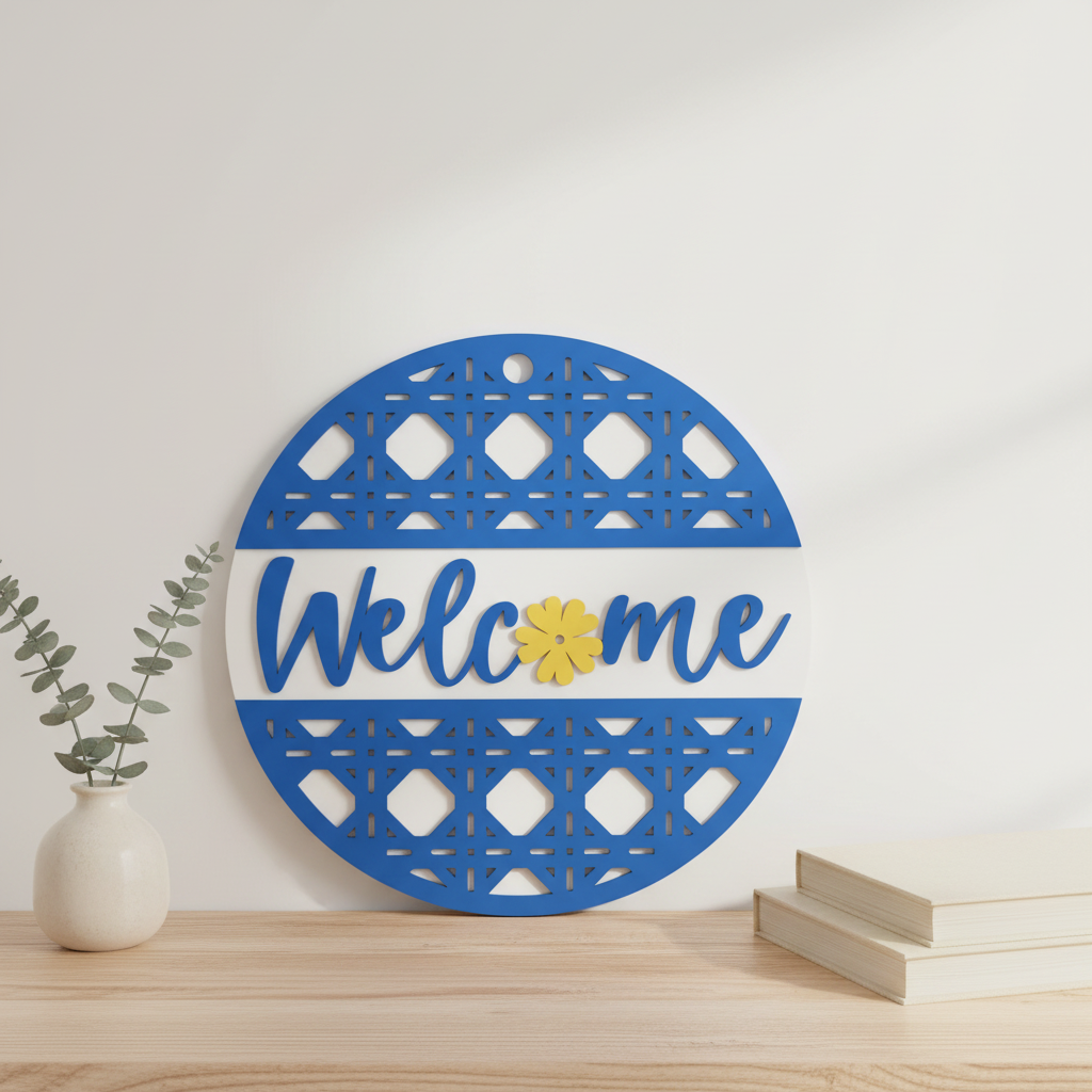 Welcome Sunflower Lattice circular laser engraved wood sign leaning against white wall with neutral home decor