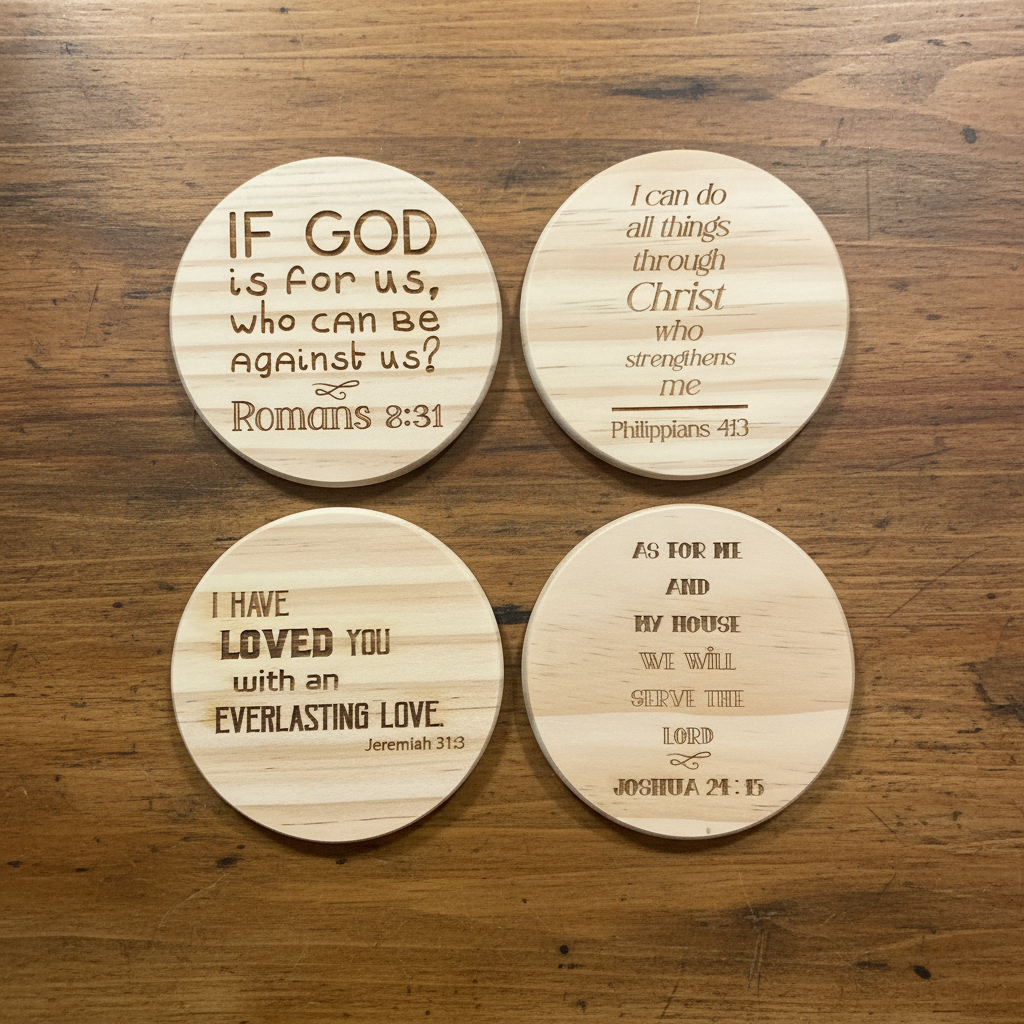 Laser engraved scripture quote wood coasters flat lay on rustic wood surface