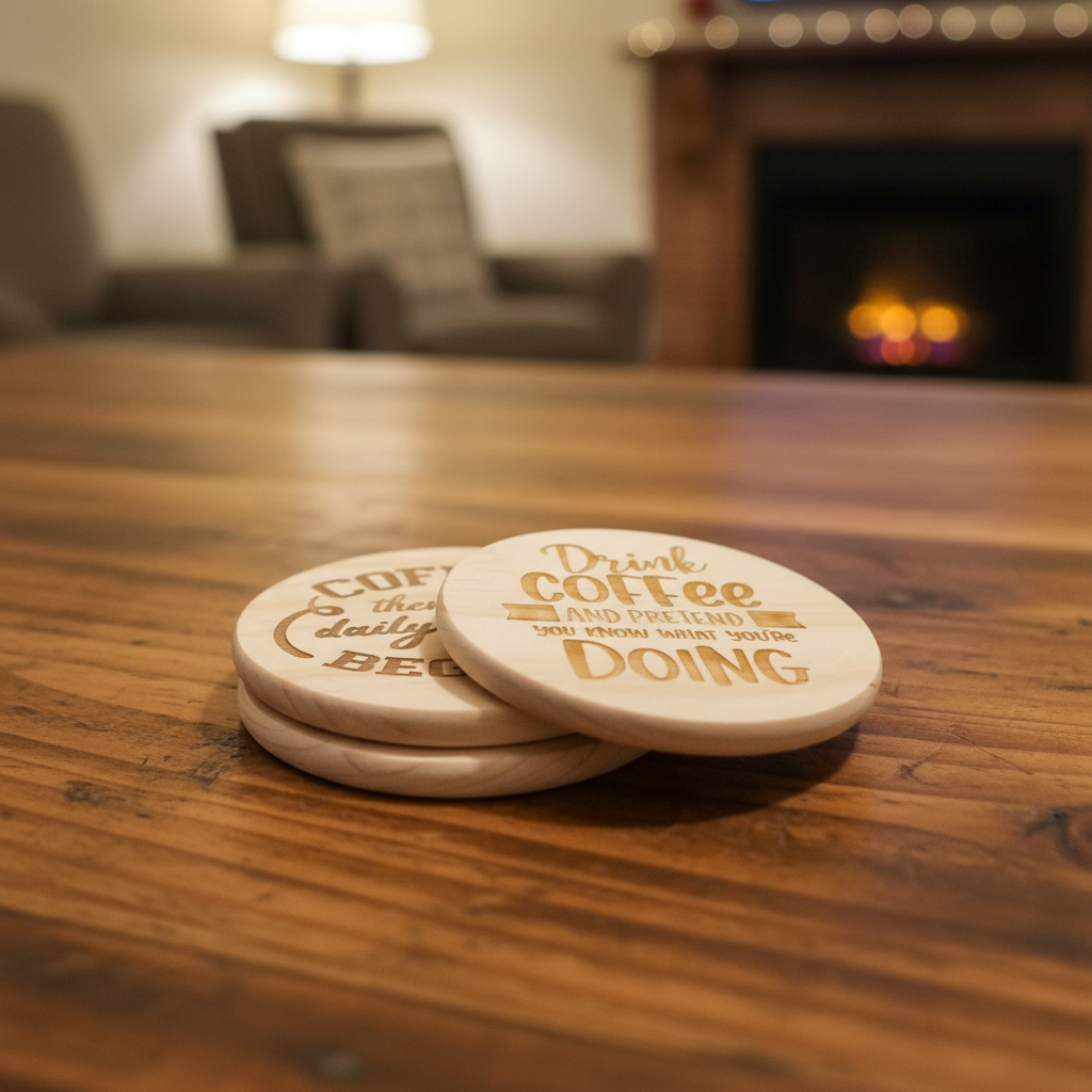 Laser engraved funny coffee quote wood coasters fanned stack lifestyle shot