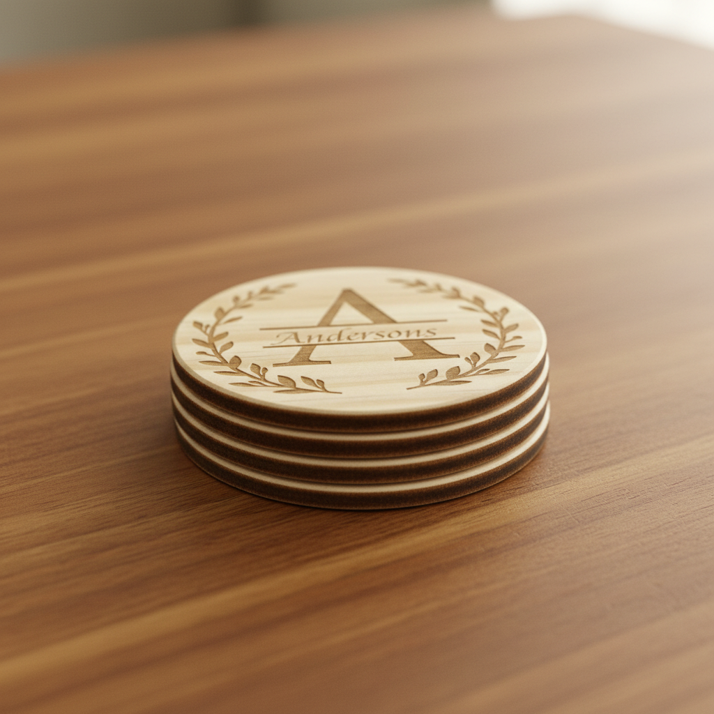 Stack of 4 laser engraved monogram wood coasters side view